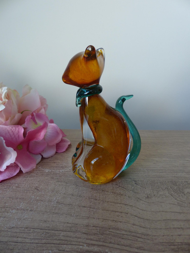 Figurine chat en verre orange et verre soufflé, Presse papier chat décoration bureau maison ornement de table