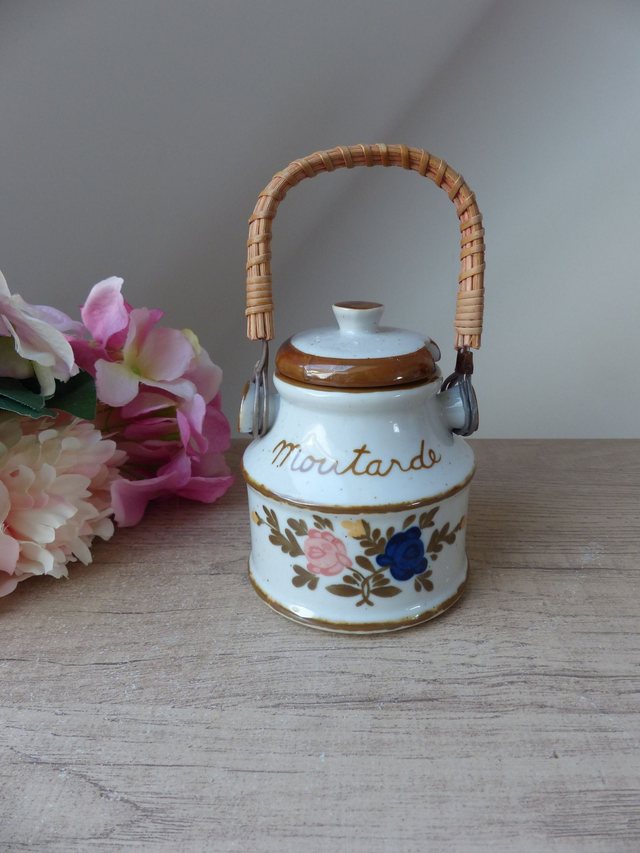 Pot à Moutarde Vintage en Céramique avec anse en Osier, Moutardier Pot à Condiment Français Poterie Décoration Cuisine Campagne