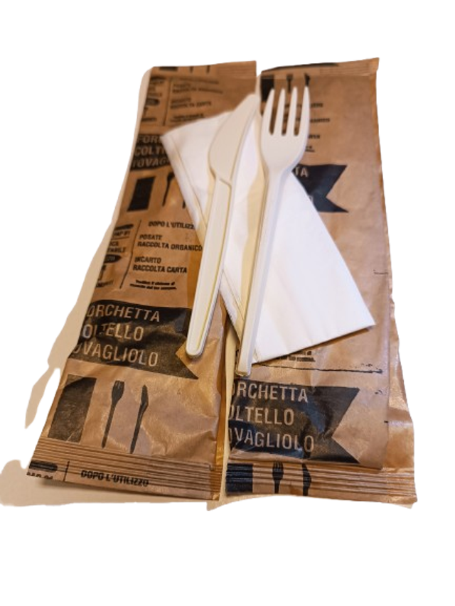 Bis posate forchetta e coltello biocompostabili in PLA con tovagliolo