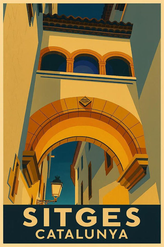 Póster turístico antiguo de Sitges, Catalunya: arco y calle histórica
