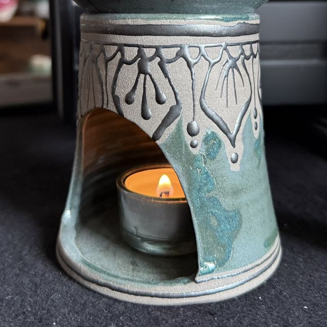 Ceramic Aroma Lamp, Essential Oil Burner Mandala Design, Handcrafted Stoneware, green dark black
