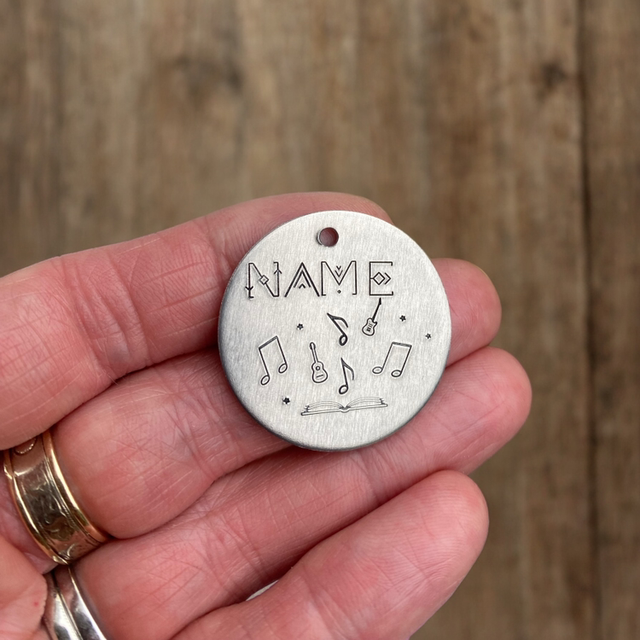 Music / guitar &amp; book themed personalised pet ID tag/keyring