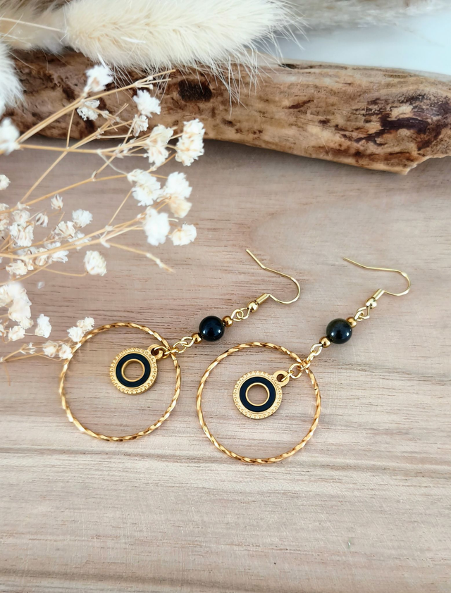 A Boucles d'oreilles "Anneau" Obsidienne