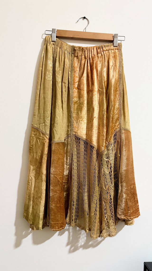 90s Golden Velvet Patchwork Midi Skirt - M
