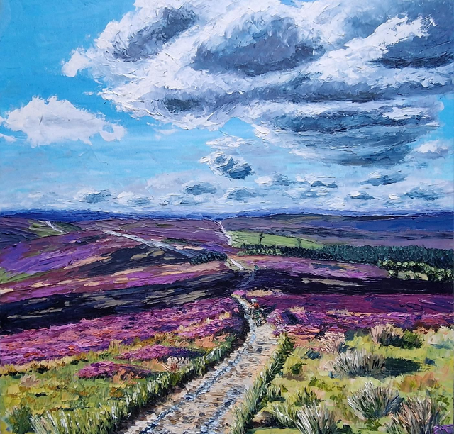 Purple Haze- prints/ cards of original impressionist painting of cyclist on Percy Cross Rigg, North York Moors