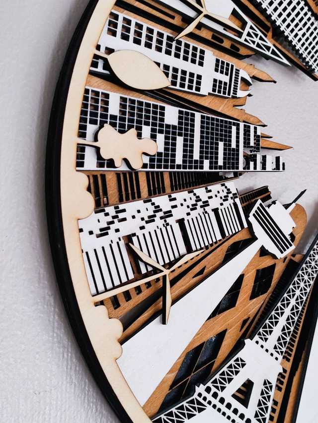 Tableau mural “CITY” en bois – Décoration 3D effet profondeur – 30×30 cm – Découpe & gravure laser