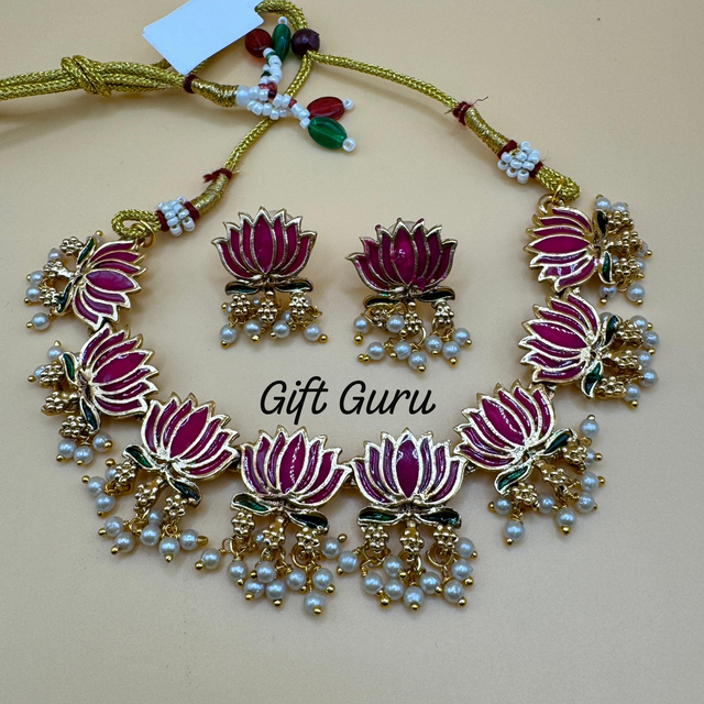 Pearl Beaded Lotus Necklace Set – Elegant Gold Finish with Earrings