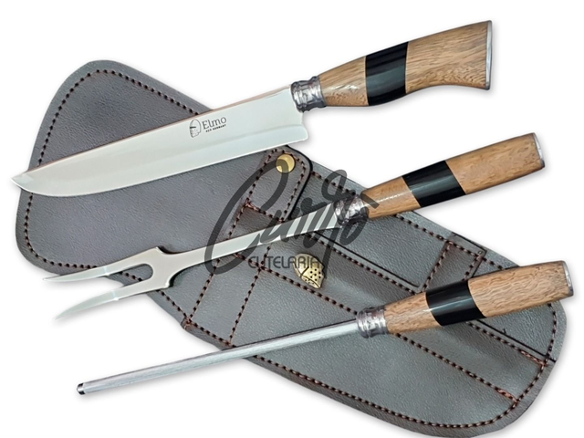 Conjunto Faca Chaira Garfo Elmo Cabo Resina Tipo Madeira Chifre 8"