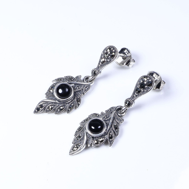 Sterling Silver 925 Art Deco Style Round Cabochon Cut Black Onyx Marcasite Gemstone Feather Design Drop Dangle Earrings