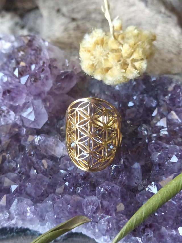 Bague FLEUR DE VIE acier doré