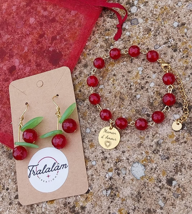 ✨Offre Spéciale Fête des Mamans ❤️Bracelet clous perles rouges en calcédoine "Maman d'Amour"+Boucles Cerises