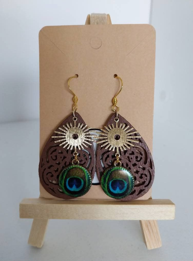 ✨️Boucles d&#039;oreilles bois marron paon✨️ 
