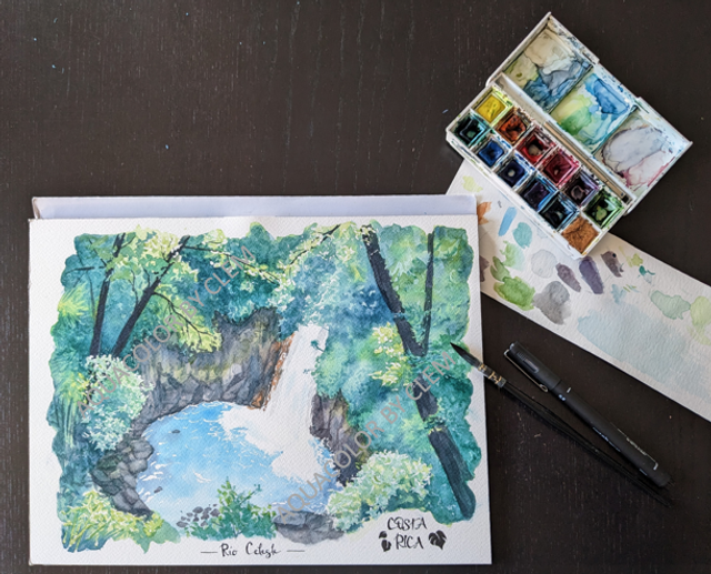 Tableau à l'aquarelle rivière Rio Celeste du Costa Rica A4 environ