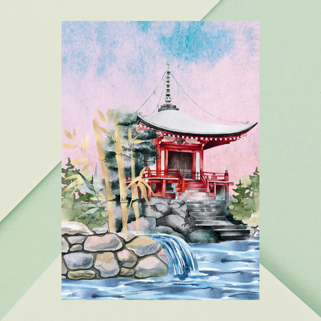 Impression d'Art Pagode Japonaise Tranquille – Cascade et Bambou/ Tranquil Japanese Pagoda Art Print – Serene Waterfall and Bamboo Wall Decor