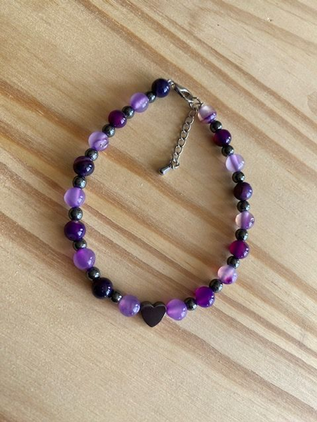Bracelet Câble Cœur Agate Violette &amp; Hématite - 19.5 à 23 cm
