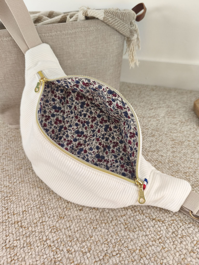 Banane Adulte velours côtelé blanc polaire et fleurs