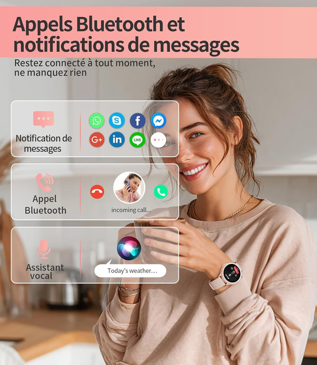 Montre Connectée Femme Dorée – Acier Inoxydable, Appel Bluetooth, Suivi Cardiaque & Sommeil, +100 Modes Sport 🌸