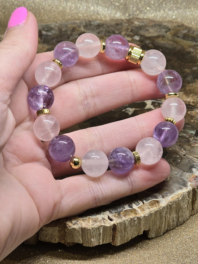 Bracelet Améthyste et Quartz rose XL en 1,2 cm