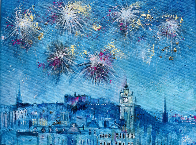 Original painting- Cityscape- Edinburgh ‘Shimmery Sky’-Fireworks at Edinburgh Castle