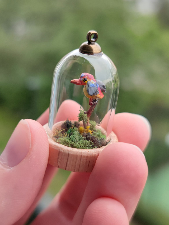 Oriental dwarf kingfisher - one of a kind miniature diorama jewelry