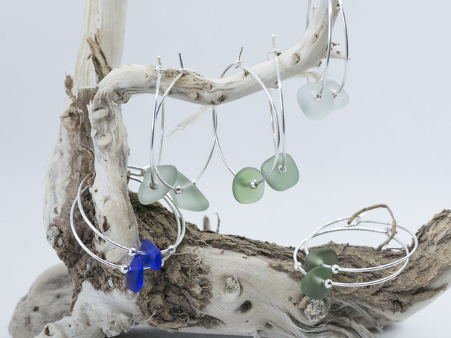 Large silver plated sea glass hoops with silver beads (25 mm diameter)