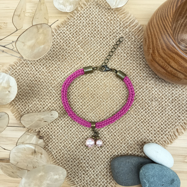 Parure fuchsia et bronze - Bracelet tricoté fuchsia