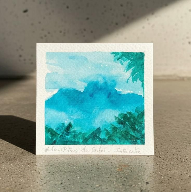 Aquarelle mini - Les Pitons du Carbet dans la brume