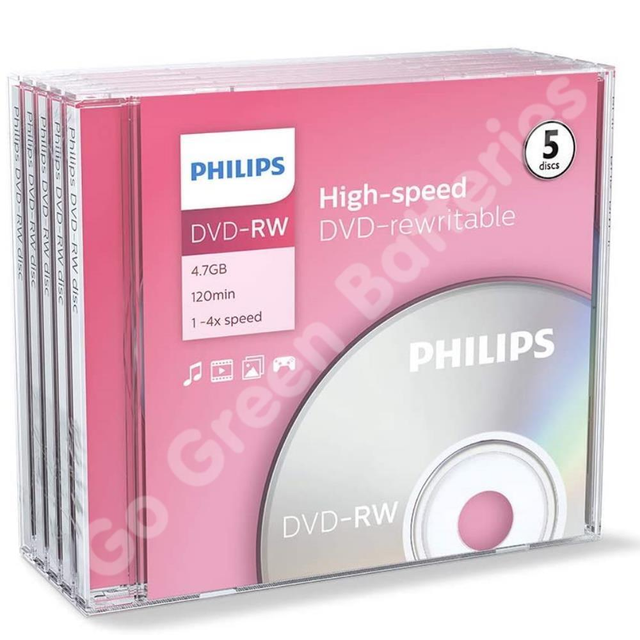 Philips DVD-RW Blank Recordable Rewritable Discs 4.7GB 5 Pack