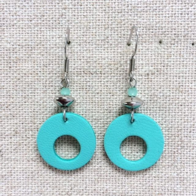 Boucles d’oreilles « Octave » argentées, cuir vert turquoise pastel
