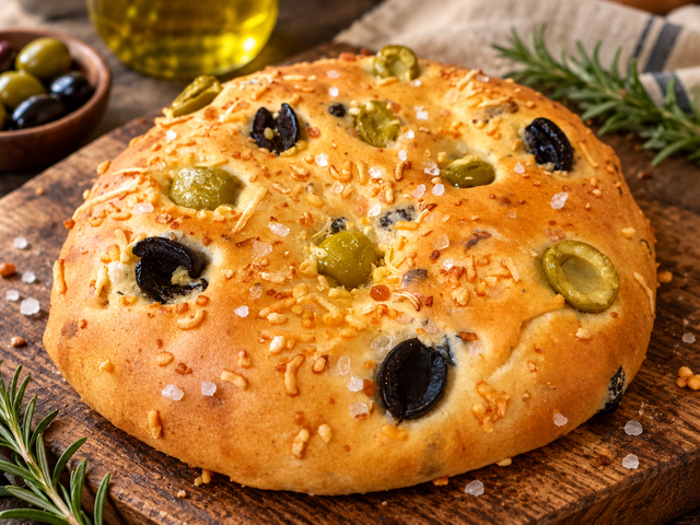 Focaccia met olijven, zongedroogde tomaat, kaas &amp; zeezout