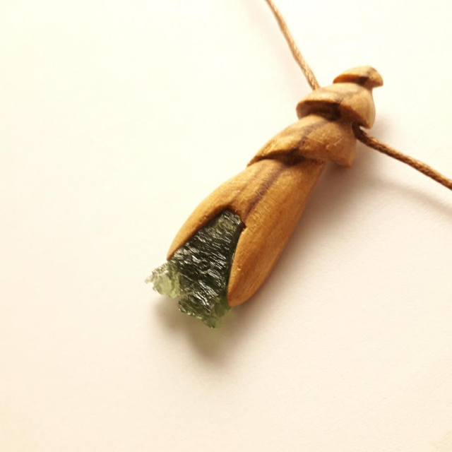 Moldavite Necklace with Hand Carved Palo Santo Wood 