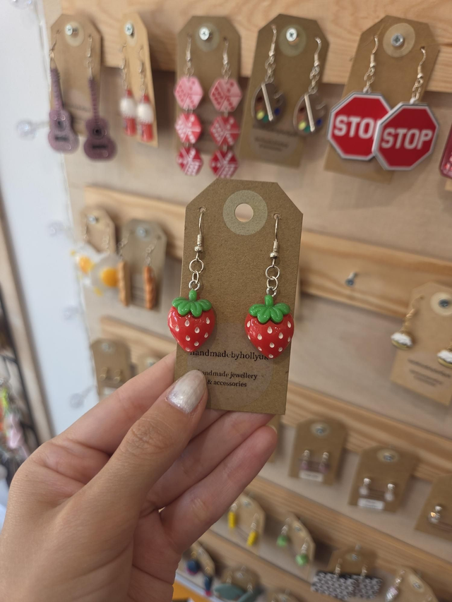 Resin Strawberry Charm Drop Earrings - Silver Plated - HH-237