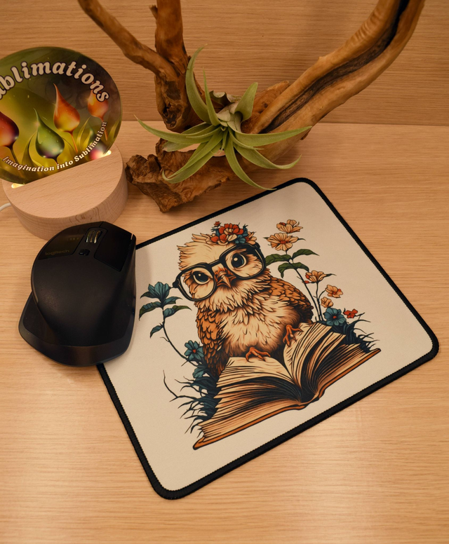 Wise Owl on Open Book Mouse Mat – Anti-Slip &amp; Smooth Surface