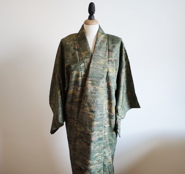 Vintage Japanese Silk Kimono, Dark Green Color Oshima Tsumughi Kimono
