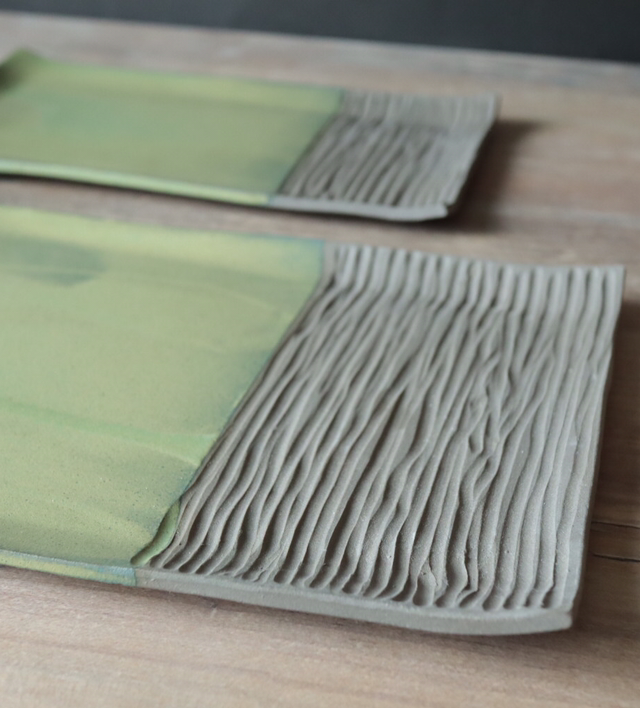 Handmade ceramic square plates size S/L, serving plates in natural style, green brown, stoneware, handmade