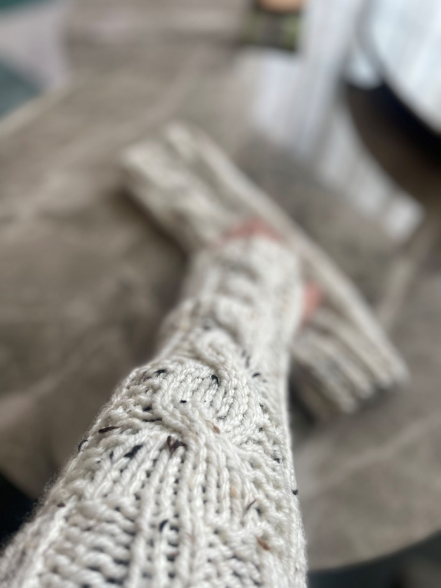 Mitaines longues laine Tweed Ecru