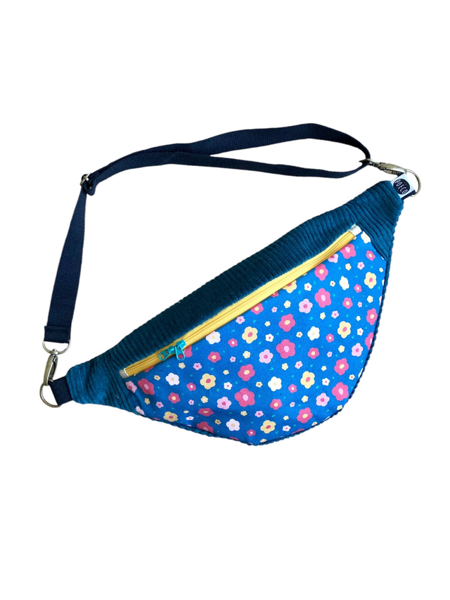 Sac Banane velours côtelé  - FLEURS - bleu pétrole