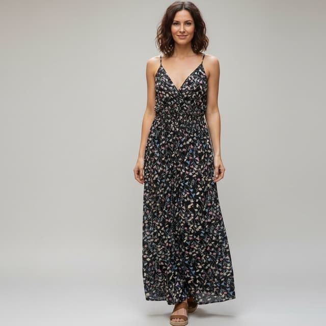 Maxi Robe d'Été Imprimée Fleurs - Bretelles Ajustables et Taille Élastiquée