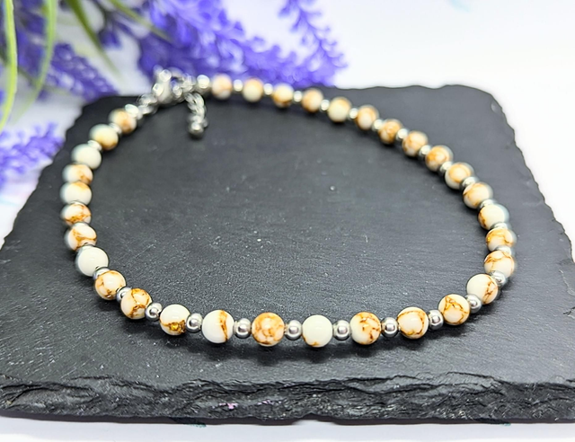 White &amp; Gold Marbled Boho Beaded Anklet 