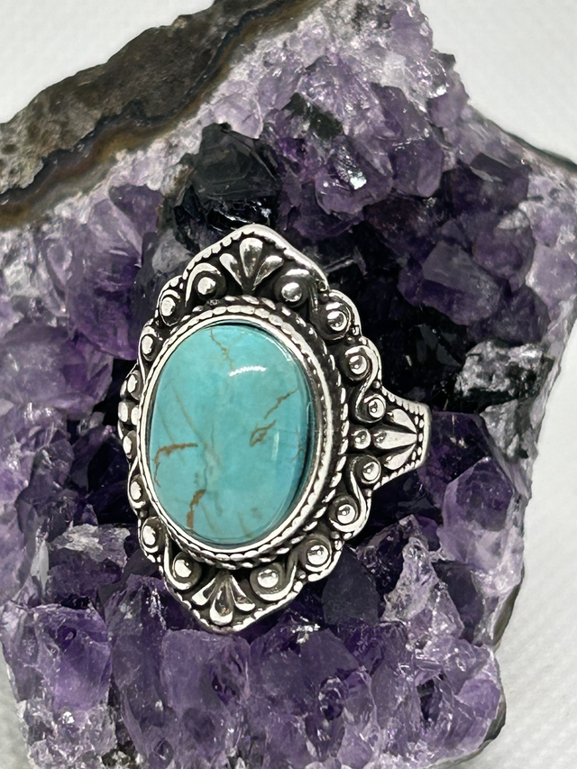 bague vintage rétro en argent et turquoise T8