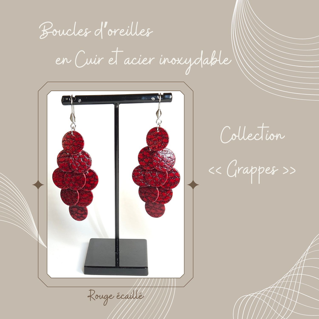 Boucles d&#039;oreilles Grappe en cuir - Rouge écaillé