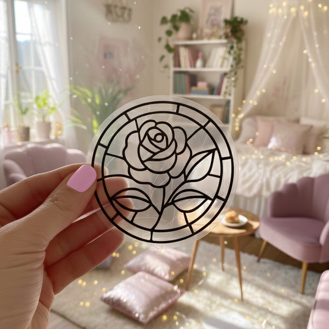 Attrape soleil sticker de fenêtre électrostatique, motif vitrail rose éternelle