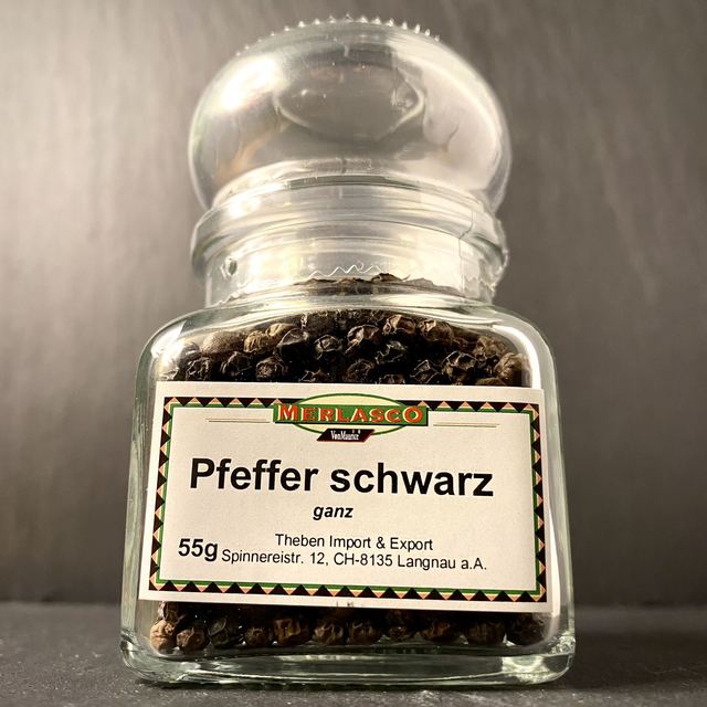 Pfeffer schwarz, ganz 55g, im Glas - Merlasco 