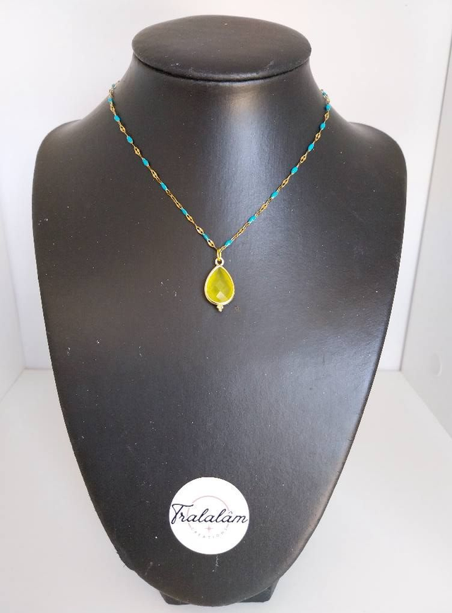 ✨Collier goutte jaune chaîne petites perles turquoise émaillées✨
