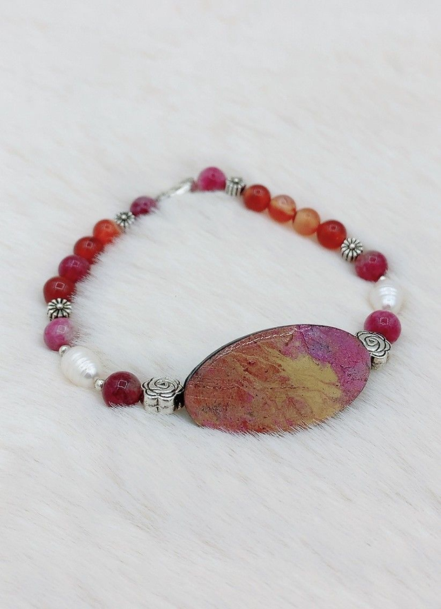 Bracelet "Eclat Naturelle" , Agate de feu, Tourmaline pastèque et perle d'eau douce