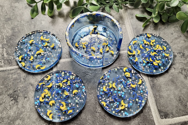 Coasters Set of 4 with Holder - Blue Moon & Star Glitter