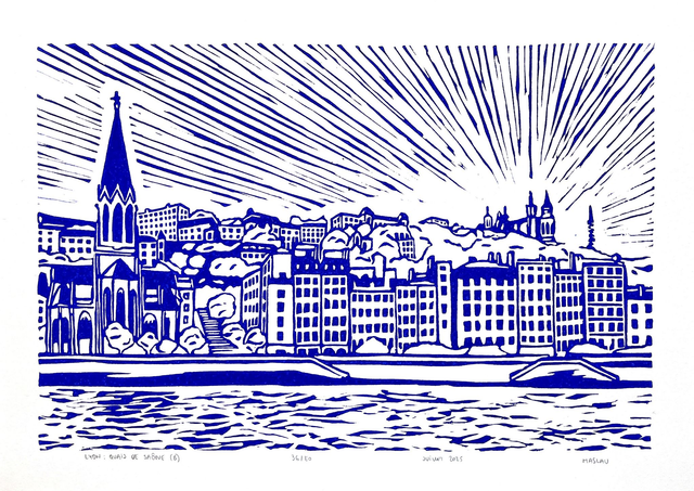 Lyon : Quais de Saône et colline de Fourvière • Linogravure bleue 21 x 30 cm