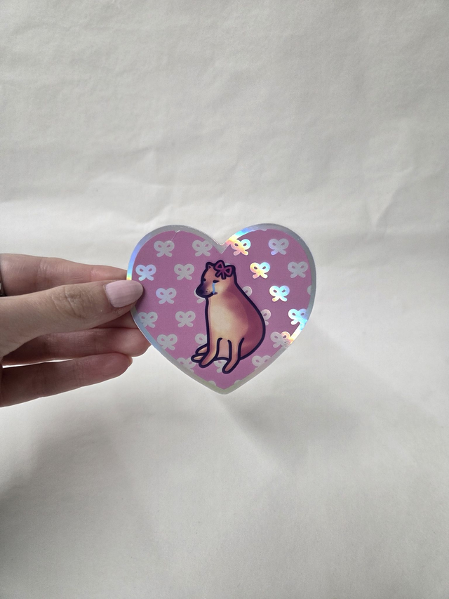 Sad Doge With Bows Holographic Heart Shaped Sticker - ST-039