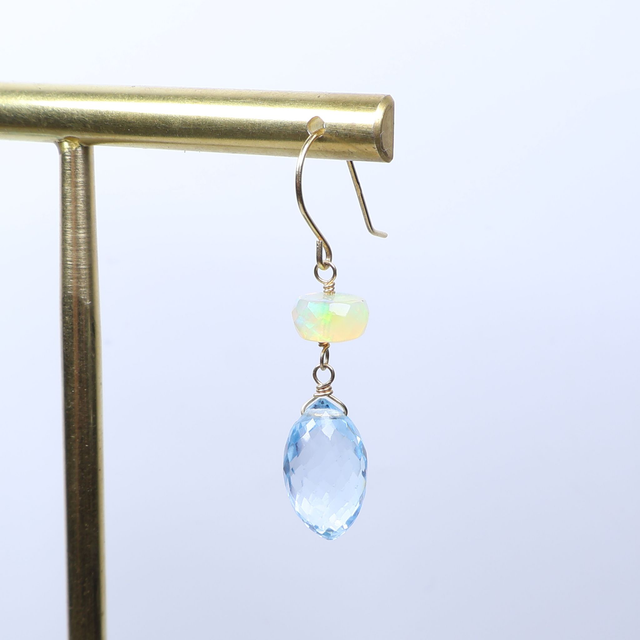 Pair of 18K 18Ct 750 Solid Yellow Gold Faceted Welo Ethiopian Opal Briolette Cut Blue Topaz Gemstone Elegant Dainty Modern Hook Earrings