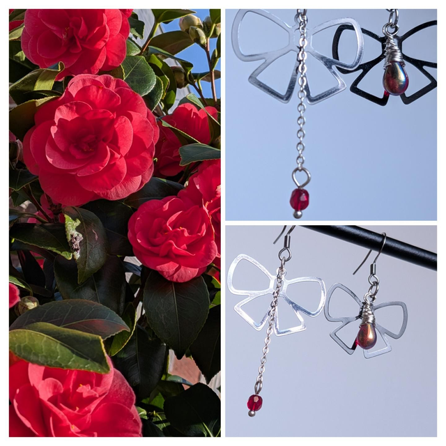 "Asymétrie" boucles fleurs et perles de verre rouge en acier inoxydable argent, pièce unique - sans nickel 